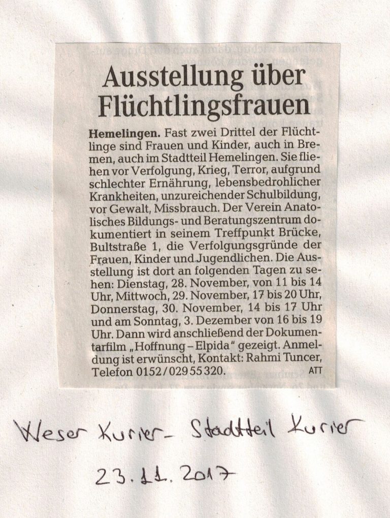 Weser Kurier – Stadtteil Kurier: „Ausstellung über Flüchtlingsfrauen